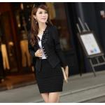เสื้อสูทผู้หญิง แขนยาว แบบพอดีเอว เสื้อสูท สีดำ ไหล่พอง แต่งกระดุมด้านหน้า ติดดอกไม้ สีดำ บริเวณคอเสื้อ เสื้อคลุม ใส่ทับ ชุดแซก 785152