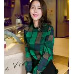 เสื้อเชิ้ต แบบมีสไตล์ แฟชั่น เสื้อชีฟอง ลายสก๊อต สีเขียว คอปิด แต่งแขน เสื้อแขนยาว แฟชั่น ใส่ทำงาน ใส่เที่ยว สุดหรู ดูดีสุด ๆ 145077