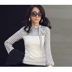 เสื้อแฟชั่น ผู้หญิง สีขาว เสื้อสีขาว แบบมีสไตล์ ผ้ายืด ใส่สบาย เสื้อแขนยาว ทรงแขนตุ๊กตา แต่โบว์ ที่คอ เก๋ ๆ เสื้อใส่ออกงาน สีขาวลายขวาง 287199_1