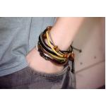 สร้อยข้อมือผู้ชาย หนังแท้ ผสม เชือกถัก ร้อยลูกปัด สไตล์ วินเทจ แบบ เท่ ๆ มี 3 สี แดง เหลือง ฟ้า งาน Hand Made no 648934