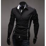 เสื้อเชิ้ตผู้ชาย แขนยาว เสื้อเชิ้ต ใส่ทำงาน ใส่เที่ยว สีดำ แบบ สลิมฟิต สำหรับผู้ชายหุ่นดี แต่งเส้นขอบ เสื้อคอปก แบบเท่ ๆ 206200