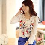 เสื้อแขนยาว ผ้าชีฟอง แขนจั้ม แบบ แขนตุ๊กตา พริ้นท์ลาย เป็นรูป สร้อยคอ เหมือนจริง สีขาว เนื้อผ้าเบา ใส่สบาย no 956752