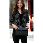 เสื้อใส่ทำงาน ผ้าชีฟอง แบบ หลวม ใส่สบาย เสื้อแขนยาว ใส่ทำงาน สีดำ ลายจุด ติดโบว์ ที่อก สำหรับ สาวชอบ เสื้อหลวม ๆ ดูดี มีสไตล์ 891869