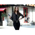 เสื้อแฟชั่น เสื้อผู้หญิง สีดำ แขนยาว ลายจุด ใส่ทำงาน แต่งโบว์ เก๋ ๆ ที่หน้าอก เสื้อใส่ทำงาน ผ้าซีฟอง สีดำ สวย ๆ มีสไตล์ 161099