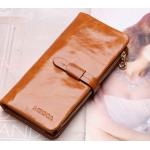 กระเป๋าสตางค์หนังแท้ กระเป๋าสตางค์ผู้หญิง ใบยาว หนังมันเงา สวย จุบัตรได้เยอะ เสริมความจุด้วย กระเป๋าใส่บัตร ถอดเข้าออกได้ สีน้ำตาล no 606452