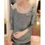 เสื้อยืดแฟชั่น ผ้าผสม ผ้าขน ออกแบบ ลูกไม้ เปิดโชว์ไหล่ เสื้อยืด แบบเก๋ ๆ มีสไตล์ เสื้อแขนยาว คอกว้าง ใส่เที่ยว สีเทา 94360_2