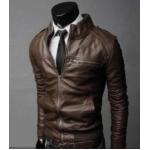 เสื้อคลุมผู้ชายแขนยาว สไตล์ แจ็คเก็ตหนัง สีน้ำตาลกาแฟ น้ำตาลเข้ม แมน ๆ Jacket หนัง ดีไซน์ คอตั้ง เอวจั้ม แขนจั้ม แต่งซิปด้านหน้า no 628170_2