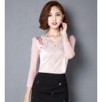 เสื้อลูกไม้ เสื้อแฟชั่น ผู้หญิง เสื้อแขนยาวใส่ออกงาน สีชมพู หวาน ๆ ดีไซน์ แขนซีทรู แต่งลูกไม้ที่คอ ใส่ออกงานได้เลย เสื้อคุณนาย แบบไฮโซ 422583_2