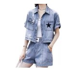 เสื้อผ้าผู้หญิงแบบเข้าชุด ชุดยีนส์เสื้อแจ็คเก็ต และ กางเกงเอวยางยืด ใส่เข้าชุด แบบเท่ ๆ 382178