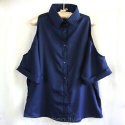 เสื้อเชิ้ตผู้หญิงโชว์ไหล่ สีชมพู สีกรม