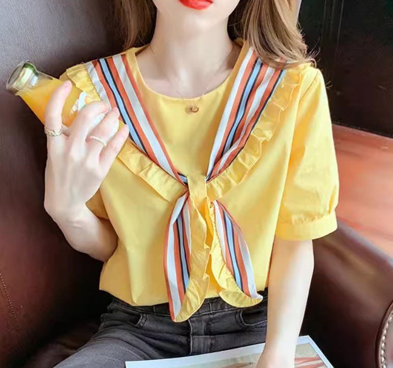 เสื้อแฟชั่น ใส่เที่ยว เสื้อผู้หญิง แขนสั้น ทรงกะลาสีเรือ สีสันสดใส สีเหลือง สีขาว เสื้อแฟชั่นใส่เที่ยว วัยรุ่น น่ารัก ๆ 295462