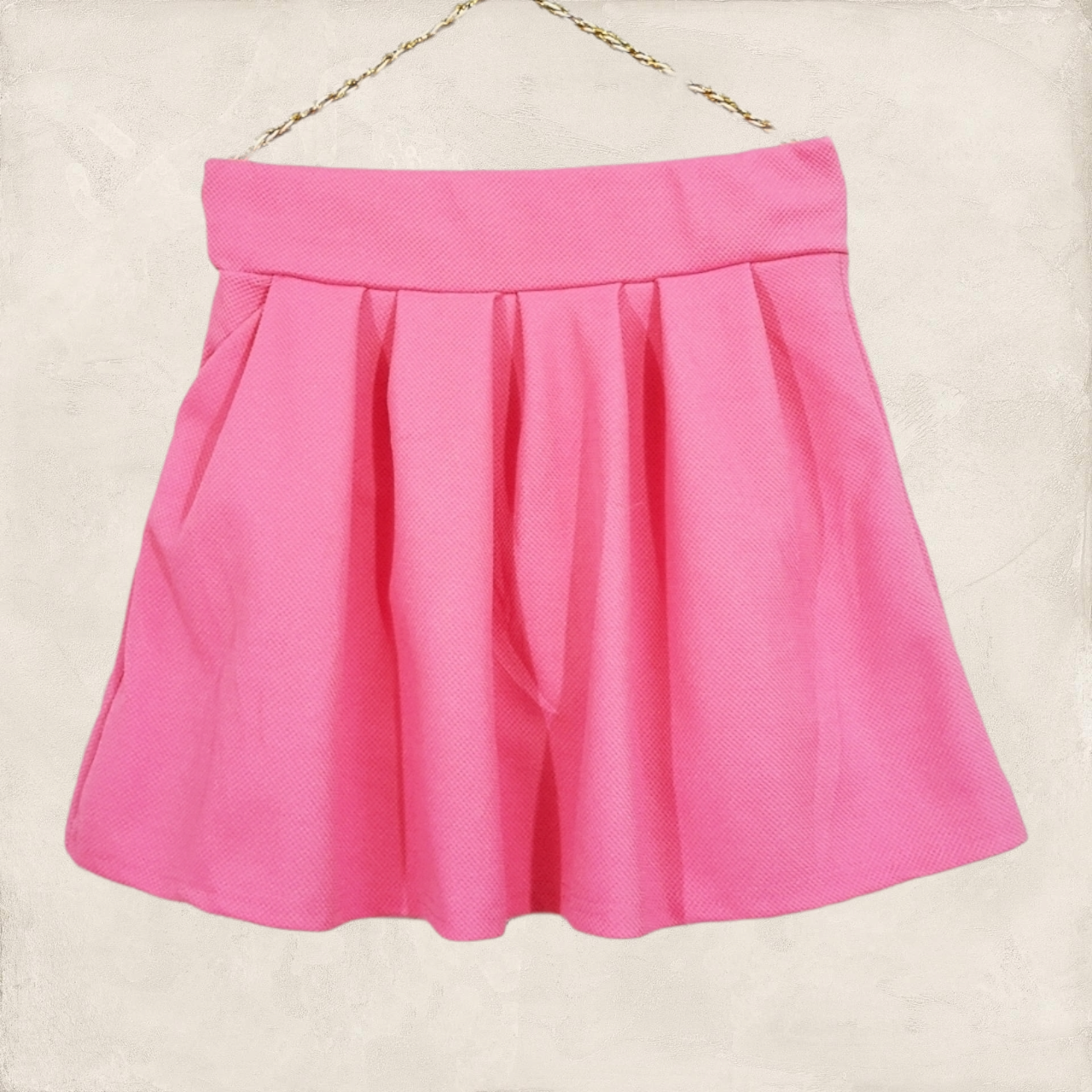 Skirt292-สีพื้นชมพู กางเกงกระโปรง กระเป๋าข้าง ผ้าวูลเวฟ(ผ้าหนังไก่)เนื้อดีนุ่มใส่สบาย