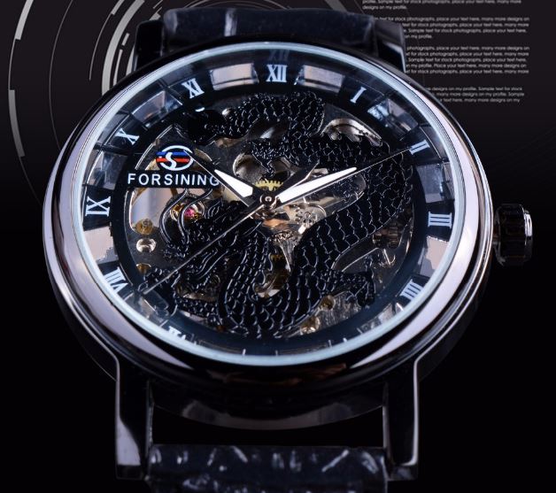 นาฬิกาข้อมือ โชว์กลไก Mechanical watch หน้าปัด มังกร สุดหรู เสริมบารมี นาฬิกาสายหนัง ใส่สวย ของขวัญสุดพิเศษ 500583