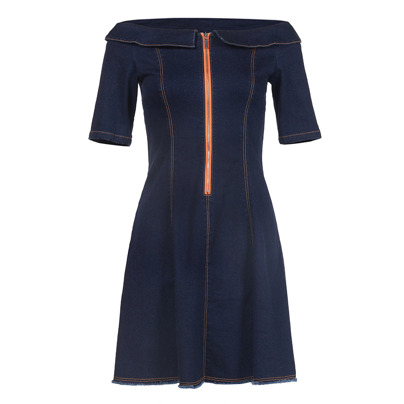 Dress4501 เดรสยีนส์เปิดไหล่แขนสามส่วน ซิปหน้าใส่ง่าย แต่งชายรุ่ยดูมีดีเทล ผ้ายีนส์แท้ยีนส์ยืดเนื้อดี
