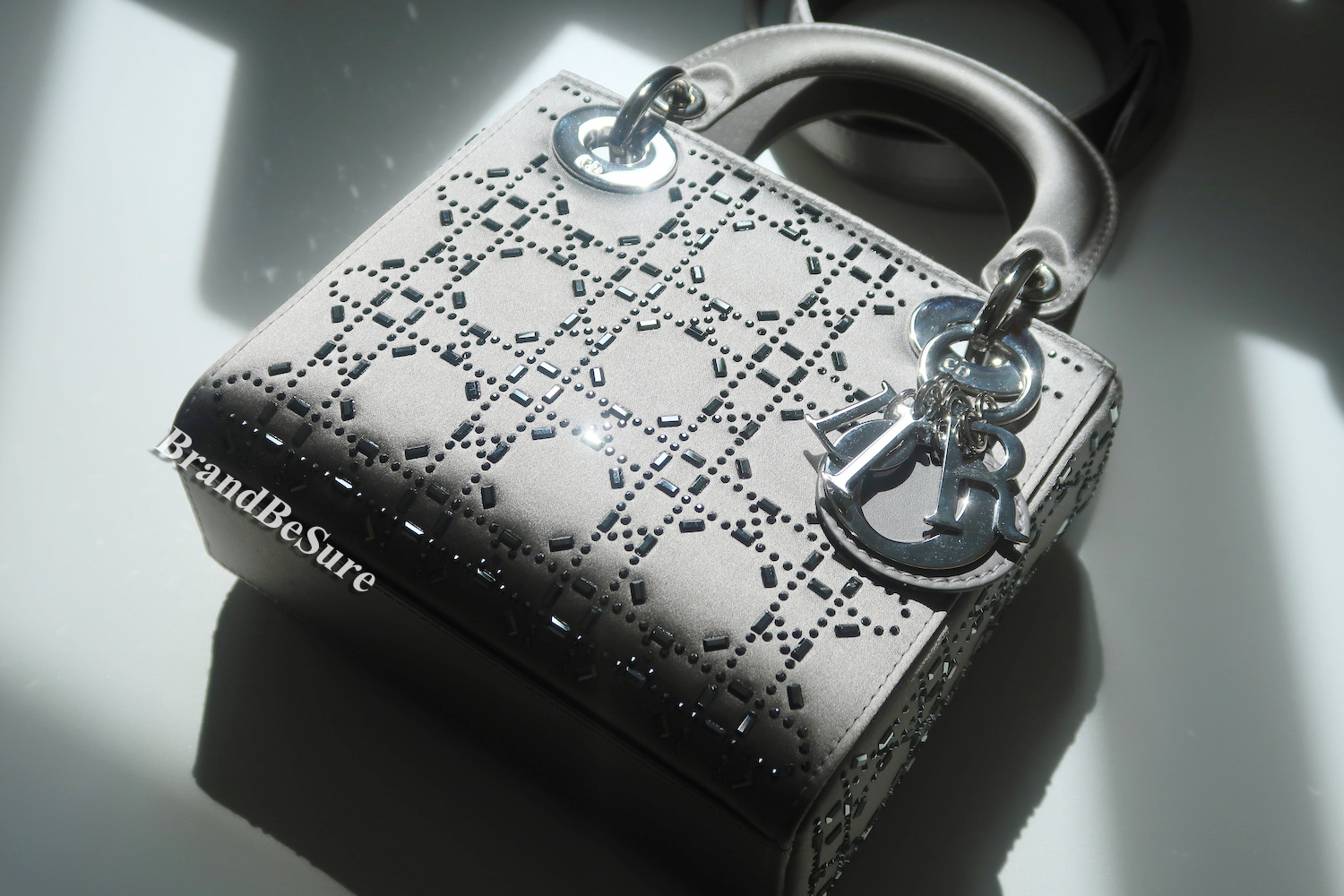 Christian Dior Grey Strass Cannage Satin Mini Lady Dior SHW