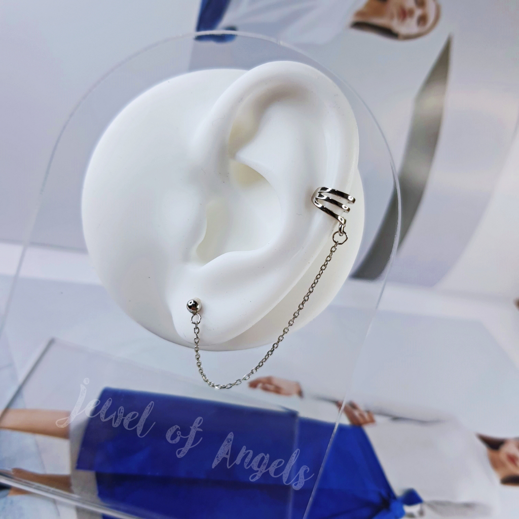 ต่างหูก้านเสียบ รุ่น Wild เงินแท้ทั้งชิ้น S925 ต่างหูหมุดกลม และ Ear Cuff 3แฉก แต่งโซ่ สีเงิน Silver925