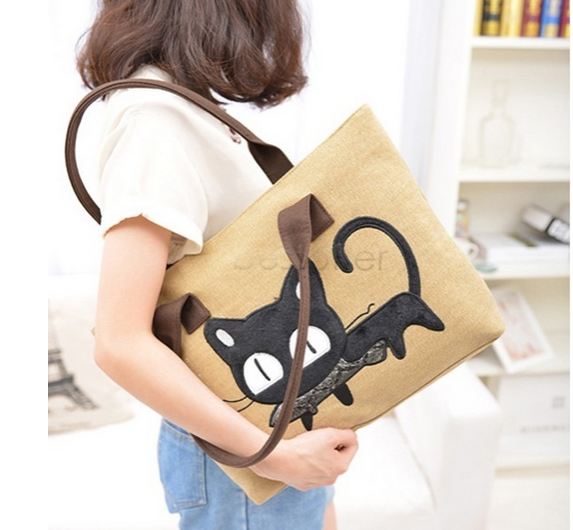 กระเป๋าถือ ผ้าแคนวาส กระเป๋าถือผู้หญิง ใส่หนังสือ ใส่ของกระจุกจิก กระเป๋า ลายแมว ญี่ปุ่น คาบปลา น่ารัก สุด ๆ คนรักแมว พลาดไม่ได้นะคร้า 203955