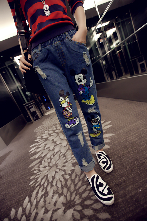 กางเกงยีนส์ สกรีนลายมิกกี้เมาส์ แต่งขาดๆ แนวๆ ทรงสวย พร้อมส่ง same pic