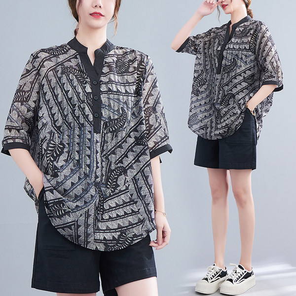 เสื้อทีเชิ้ตคนอ้วนผู้หญิงสไตล์คอตตอนลินินมีไซต์อก 47-48 นิ้ว