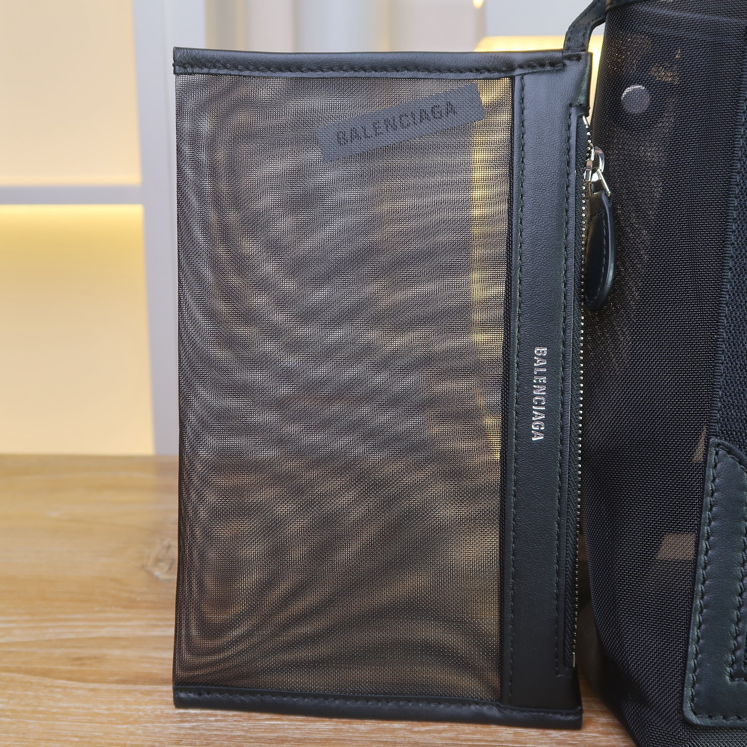 Balenciaga Black Mesh/Calfskin Logo Cabas S Tote Bag