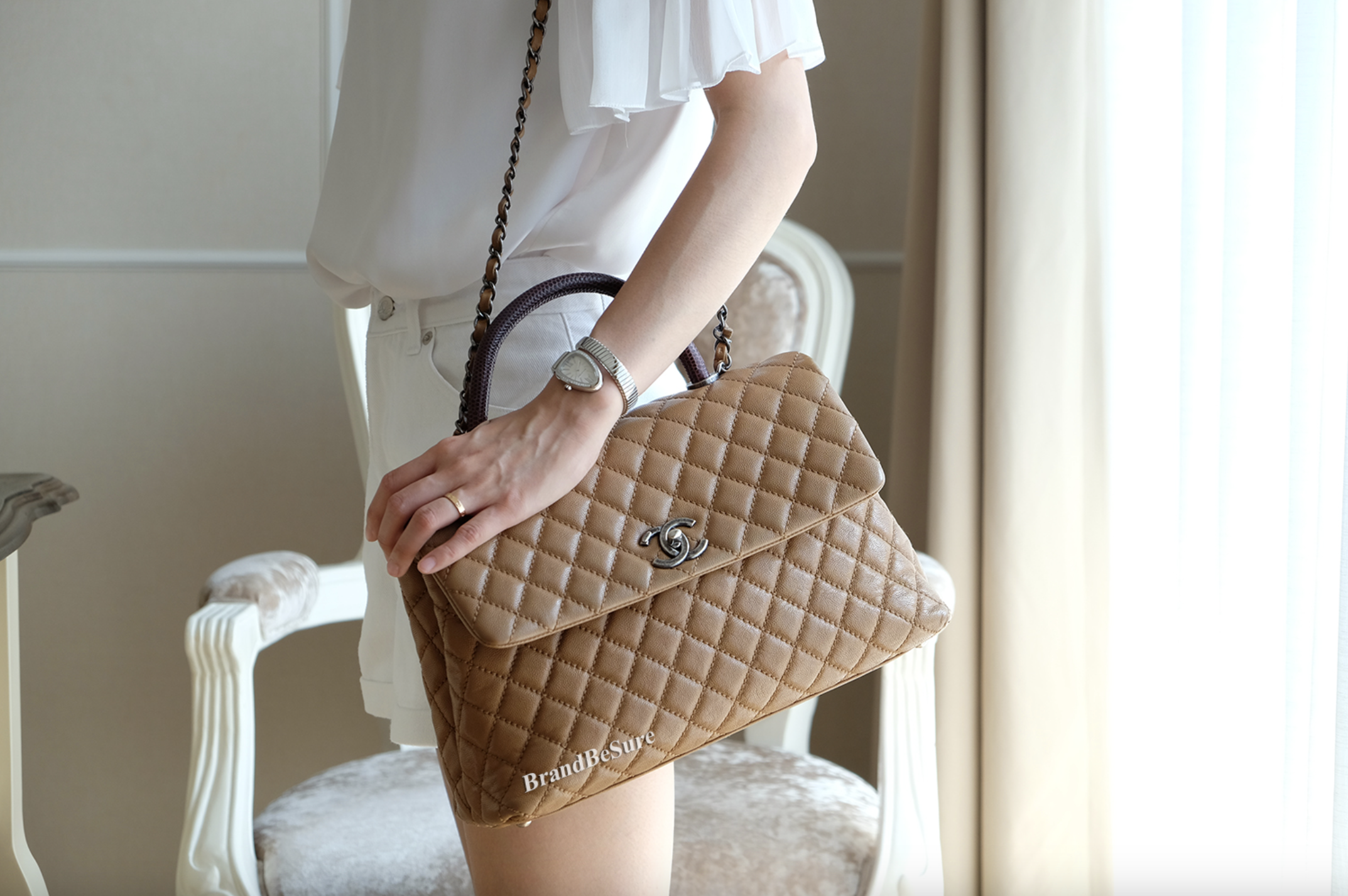 Chanel Caramel Caviar Coco Handle Lizard Medium 13" RHW