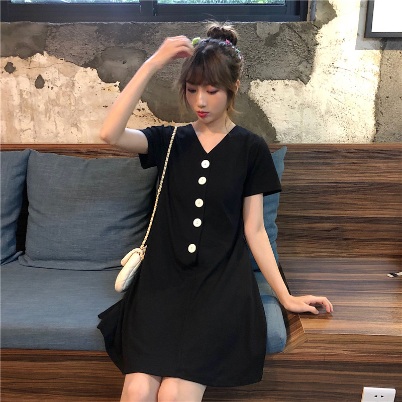 Dress4657 มินิเดรสคอวีกระดุมหน้า ผ้าคอตตอนเนื้อดีนุ่มใส่สบายยืดหยุ่นสูง งานน่ารักสไตล์มินิมอล ใส่เก๋ๆ ได้บ่อย มี 2 สี เทา, ดำ
