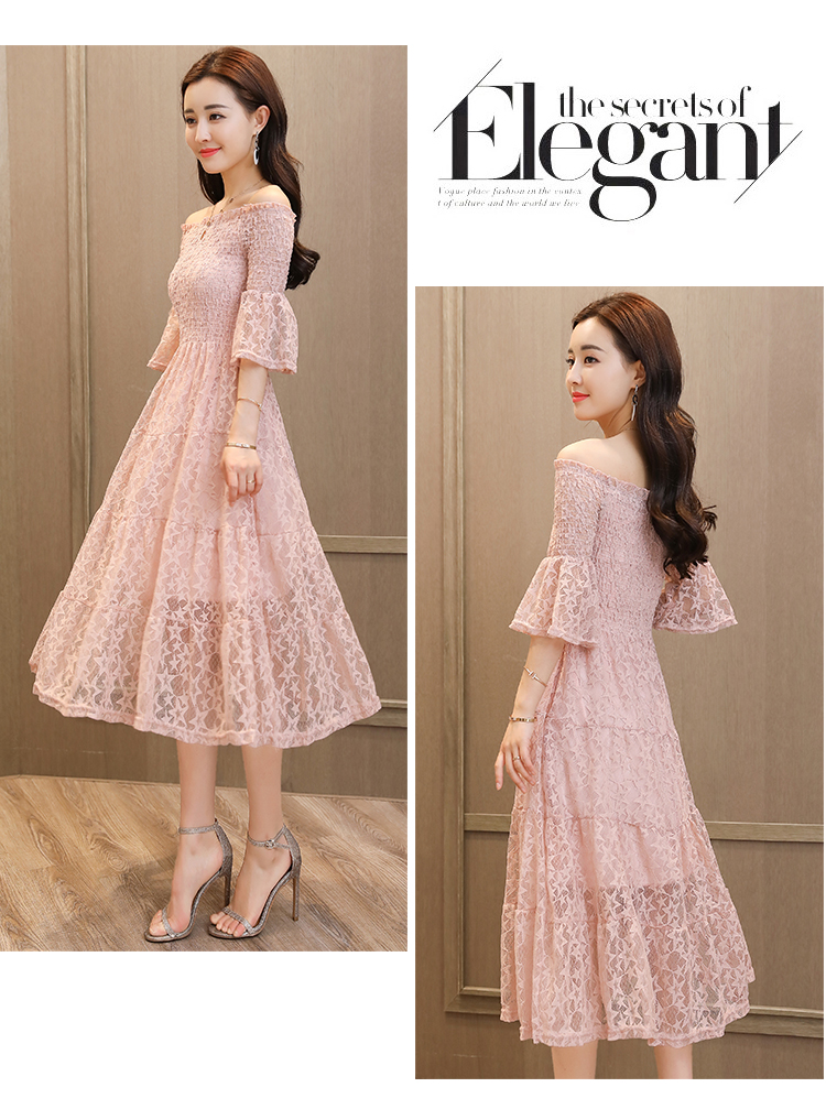 Dress4381 เดรสยาวลูกไม้เปิดไหล่สม็อครอบอก ผ้าลูกไม้ลายดาววิ้งๆ งานดีทรงสวยหรูดูแพง