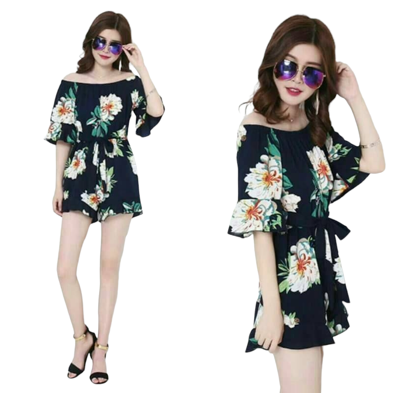 Jumpsuit679 จัมพ์สูทเปิดไหล่แขนระบาย เอวสม็อคยืดเยอะใส่สบาย มีผ้าผูกเอว ผ้าชีฟองหนังกบลายดอกไม้เนื้อดีมีน้ำหนักทิ้งตัว งานสวยน่ารักดูดีเซ็กซี่เบาๆ มี 2 สี ดำ, แดง