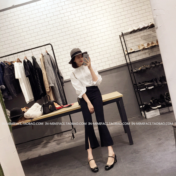 กางเกงขายาว 5 ส่วน ผ่าหน้า ผ้าใยสังเคราะห์ ยืดได้นิดหน่อย ไม่หนา พร้อมส่ง black