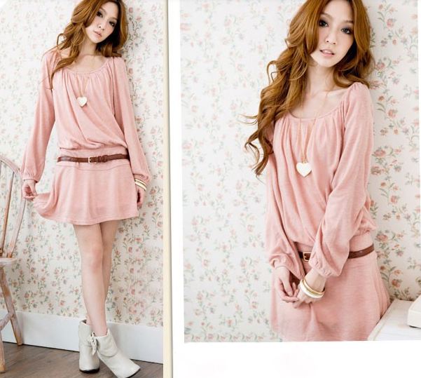 เดรสผ้ายืด ผ้า Cotton ใส่ทำงาน เดรส ทรงพอง ใส่สบาย สีพื้น สีชมพู no 98090_3