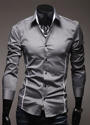 เสื้อเชิ้ตผู้ชาย แขนยาว เสื้อเชิ้ต ใส่ทำงาน ใส่เที่ยว สีเทา แบบ สลิมฟิต สำหรับผู้ชายหุ่นดี แต่งเส้นขอบ เสื้อคอปก แบบเท่ ๆ 206200_1