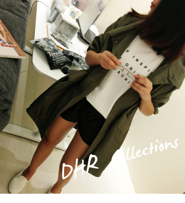เสื้อคลุมสไตล์เกาหลี สีเขียวทหาร มีฮู้ด ผูกเอว ทรงสวย ผ้าเนื้อด้าน ไม่หนามาก ใส่คลุมกำลังดี พร้อมส่งเลยจ้า สีเขียวทหาร