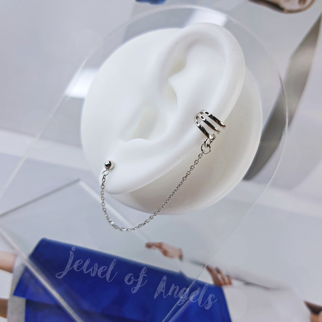 ต่างหูก้านเสียบ รุ่น Wild เงินแท้ทั้งชิ้น S925 ต่างหูหมุดกลม และ Ear Cuff 3แฉก แต่งโซ่ สีเงิน Silver925