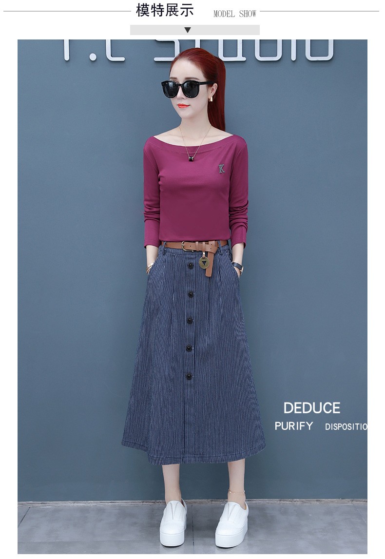 Set_bs1775 ชุดเซ็ท 2 ชิ้น(เสื้อ+กระโปรง) เสื้อแขนยาวคอปาดสีม่วงเปลือกมังคุด + กระโปรงยาวลายริ้วสีกรมแต่งกระดุมหน้าผ้าคอตตอนยีนส์เนื้อดี งานเซ็ทเข้าชุดสุดน่ารัก ดีเทลเก๋ๆ ดีงาม แมทช์ได้ลงตัวเข้ากันดูดีที่สุด