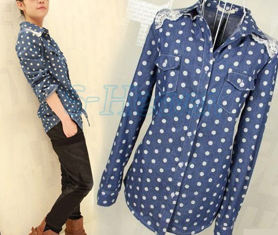 เสื้อเชิ้ตผู้หญิง แบบตัวยาว แขนยาว ลายจุด ผ้าฝ้ายสียีนส์ ใส่สบายไม่ร้อน แต่งลูกไม้สีขาว บนบ่า สามารถใส่เป็นเสื้อคลุม หรือ ใส่เที่ยวเลย ก็ได้นะคะ 524032