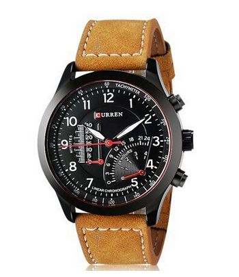 นาฬิกาข้อมือ ผู้ชาย สายหนังแท้ สีน้ำตาล แนว Sport กันน้ำได้ ดีไซน์ ปุ่มด้านข้างใหญ่ ตกแต่งหน้าจอสีดำ สลับตัวเลขสีขาว คลาสสิค สุด ๆ 222191
