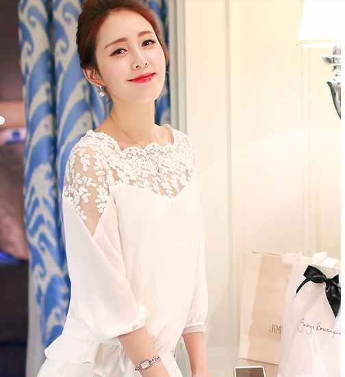 เสื้อแฟชั่น เสื้อผู้หญิง แขนยาว ผ้าซีฟอง ปักลูกไม้ สีขาว สุดหรู เอวจั้ม แบบมีดีไซน์ เสื้อใส่เที่ยว สไตล์คุณนาย ใส่ออกงานได้ 58803