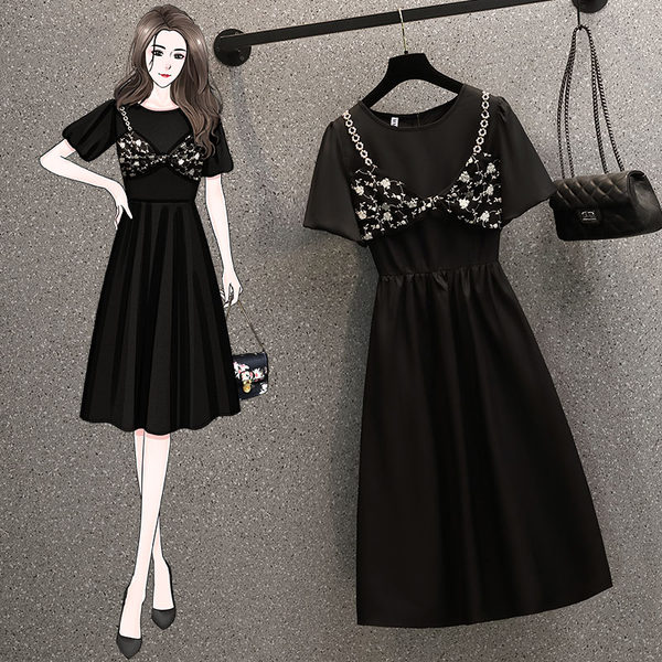 เดรสคนอ้วน เดรสสาวอวบ ชุดเดรสคนอ้วนวัยรุ่นแขนสั้น BY PLUS SIZE Girl