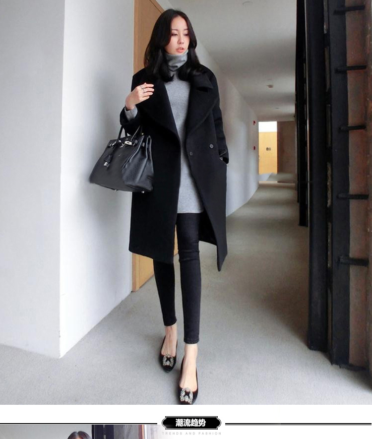 เสื้อโค้ทกันหนาว สไตล์เกาหลี ทรงยาวโคล่ง ดูดี ผ้าวูลผสมบุซับในกันลม พร้อมส่งจ้า BLACK