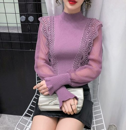 เสื้อเชิ้ตผู้หญิง เสื้อเชิ้ต แฟชั่น สวย ๆ ผ้าลูกไม้ ผสมผสาน กับผ้าซีฟอง ดูหรูหรา เสื้อเชิ้ตใส่ทำงาน สวย ๆ 704042