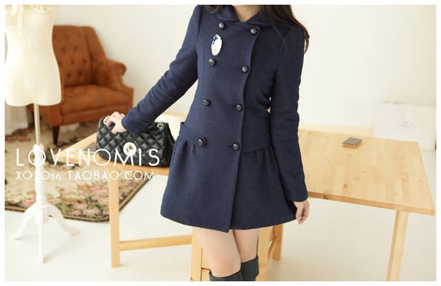 LADY COAT เสื้อโค้ทกันหนาว ยาว 25 นิ้ว ทรงหวานๆ สไตล์เกาหลี พร้อมส่ง ไม่รวมเช็มกลัด DARK BLUE