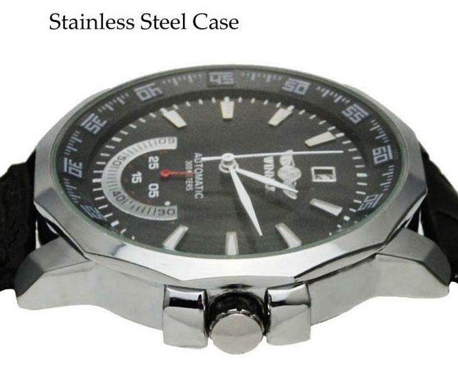 นาฬิกาข้อมือผู้ชาย โชว์กลไก Automatic watch สายหนังแท้ สีดำ ทนทาน มีระบบปรับ วันที่อัตโนมัติ no 906017
