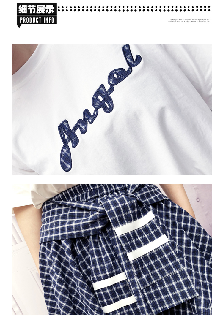 Set_bs1768 ชุดเซ็ท 2 ชิ้น(เสื้อ+กระโปรง) เสื้อยืดสีขาวเนื้อนุ่มปักลายตัวอักษร + กระโปรงลายสก็อตโทนสีน้ำเงินทรงเท่ๆ ปักอาร์ม งานเข้าเซ็ทดูมีดีเทลใส่แล้วน่ารักสุด แยกใส่กับตัวอื่นก็เก๋ไปอีกจ้า