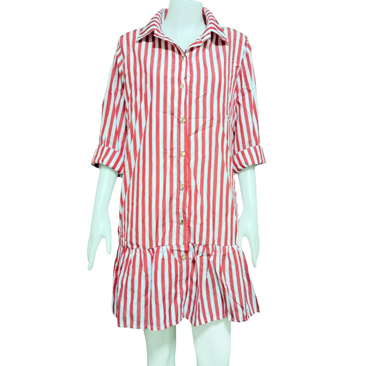 Dress3614 เดรสไซส์ใหญ่คอปกเชิ้ตลายริ้ว กระดุมหน้า แขนยาว ชายระบาย ผ้าคอตตอนโพลีเนื้อดีใส่สบายไม่ยับง่าย มี 4 สี ขาวดำ ขาวแดง ขาวชมพู ขาวน้ำเงิน