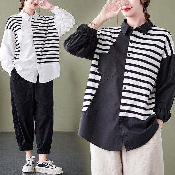 เสื้อทีเชิ้ตคนอ้วนผู้หญิงสไตล์คอตตอนลินินมีไซต์อก 47-48 นิ้ว