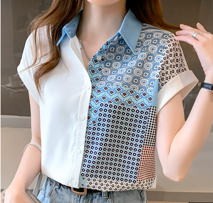 เสื้อเชิ้ต ผู้หญิง เสื้อเชิ้ต แขนสั้น สวย ๆ ใส่เที่ยว โทนสีฟ้า ขาว เสื้อคอปก สวย ๆ ใส่เที่ยว ใส่ทำงาน วันหยุด 481853