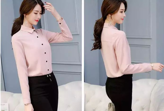 เสื้อเชิ้ตผู้หญิง เสื้อเชิ้ตแขนยาว สีชมพู เสื้อคอปก ผ้าลื่น แบบสวย เสื้อเชิ้ตใส่ทำงาน แบบเก๋ ๆ สีพื้น 409467