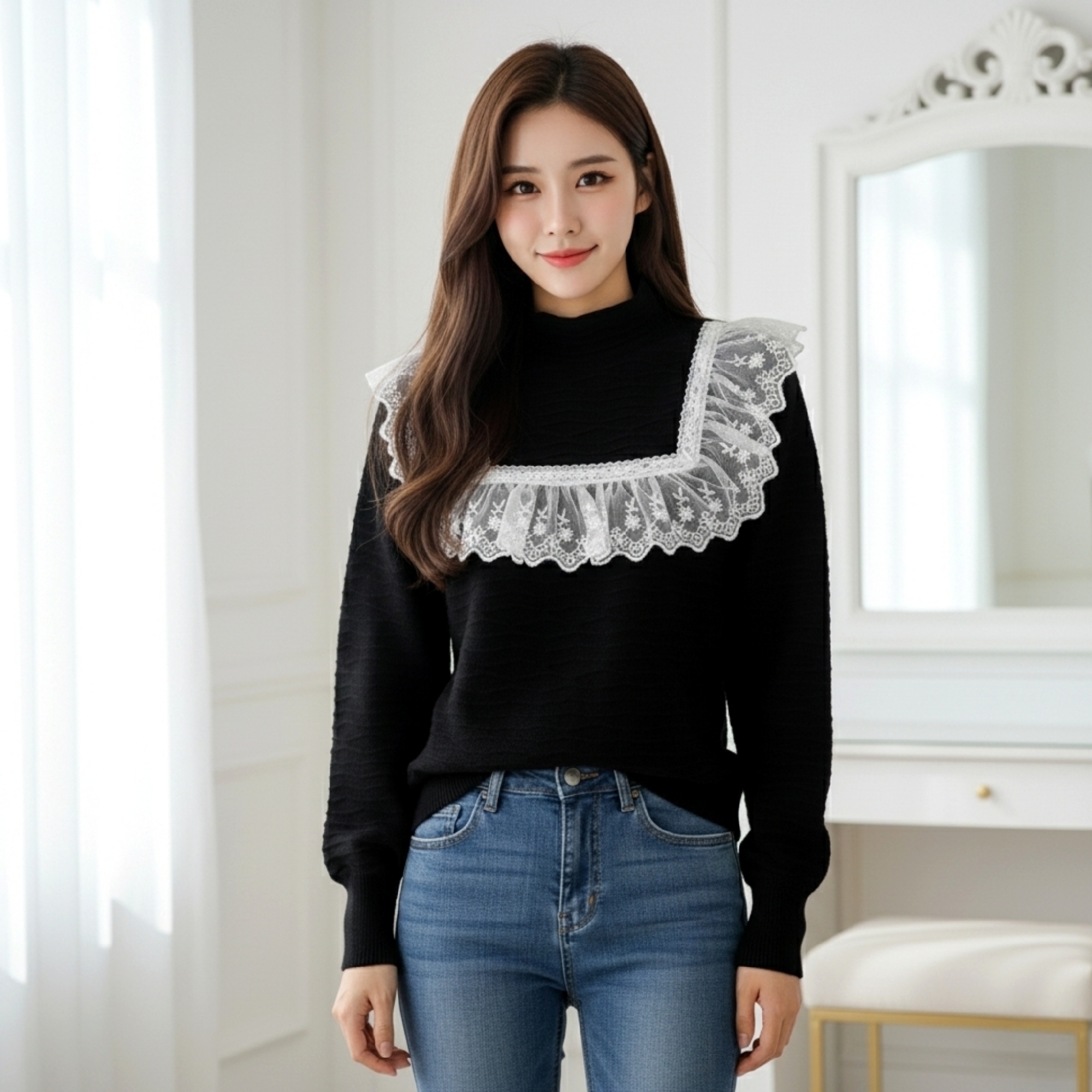 Blouse3987 เสื้อแฟชั่นนำเข้า เสื้อแขนยาวสีดำ อกแต่งลูกไม้เพิ่มดีเทลความน่ารัก ผ้ากำมะหยี่เนื้อดีนุ่มใส่สบาย งานดีผ้าสวยนิ่มน่าใส่ งานน่ารักแมทช์ง่าย ใส่เที่ยว/ใส่ทำงานได้