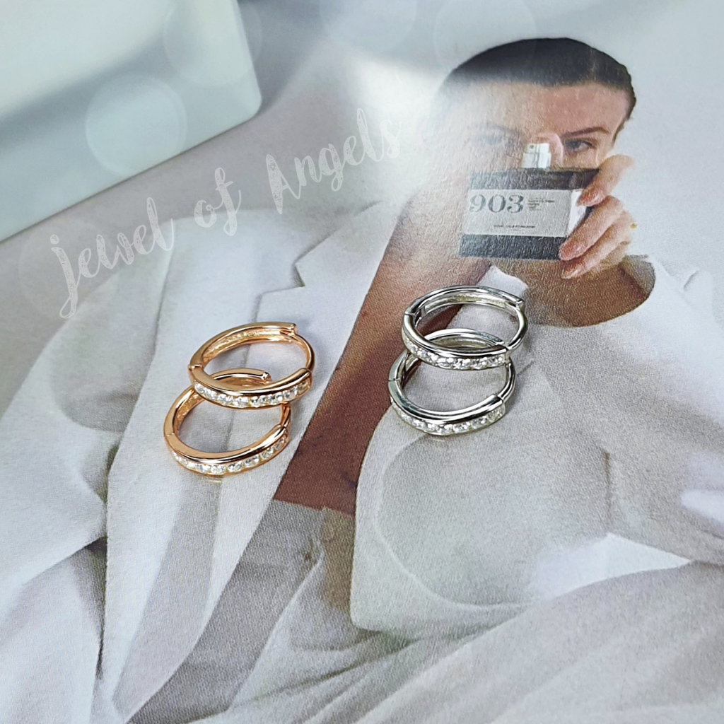 ต่างหูเงินแท้ S925 รุ่น Romance ต่างหูห่วงเพชร CZ 8เม็ด สีเงิน พิงค์โกลด์ ตุ้มหูเงินS925
