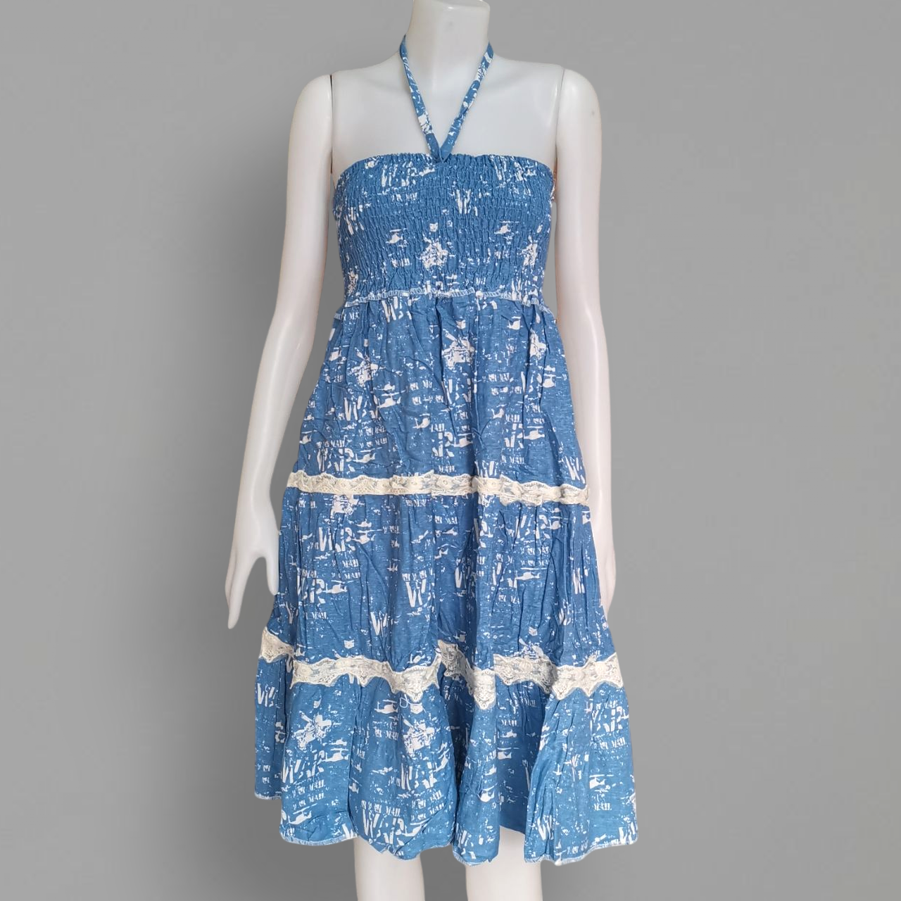 Dress4748 เดรสยาวสม็อครอบอก ใส่เป็นกระโปรงได้ มีสายผูกคอ ผ้าคอตตอนยีนส์, ผ้าสกินนี่เนื้อดี งานสวยคลาสสิคดูดีดูน่ารักทรงนี้มีติดตู้ไว้ใส่ได้เรื่อยๆ